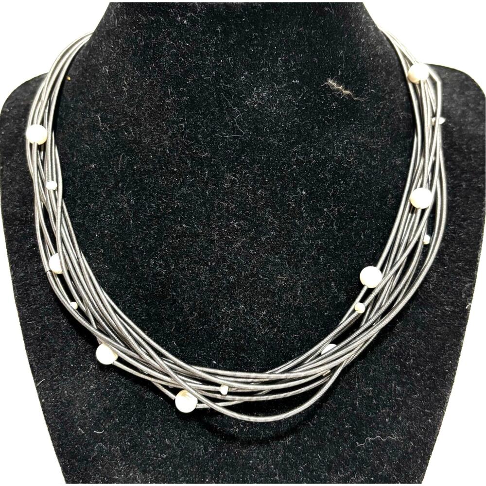 Sea Lily silvery piano wire multistrand chain & faux pearl beads choker necklace